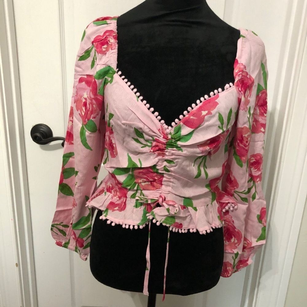 Band‎ of the Free Pink Floral Rose Peplum Blouse Pom Pom Trim Sweetheart Top S
